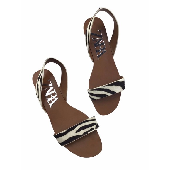 ZARA LADIES ZEBRA ANIMAL PRINT FLAT SANDALS SIZE 38-7M - Picture 1 of 10